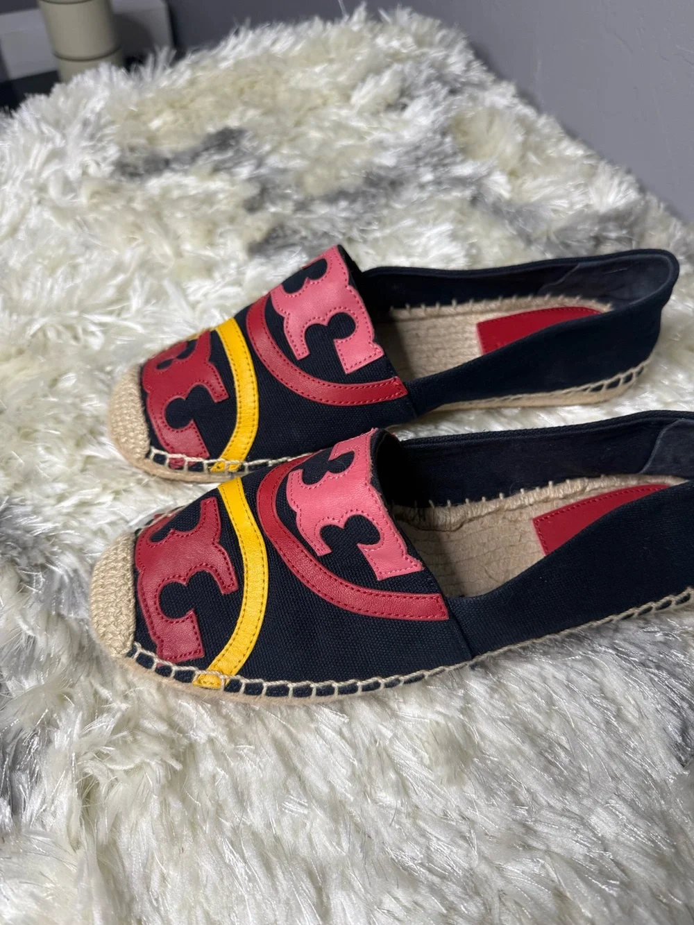 Tory Burch Black Canvas Espadrilles with Red, Pink & Yellow Leather Accents